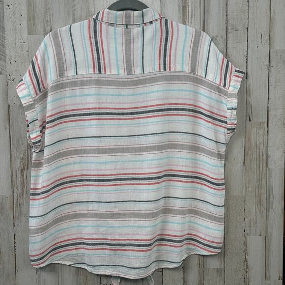 Linen Blend Crop Top Large Stripe Front Tie Beachy Coastal Weatherproof Vintage - Picture 2 of 9